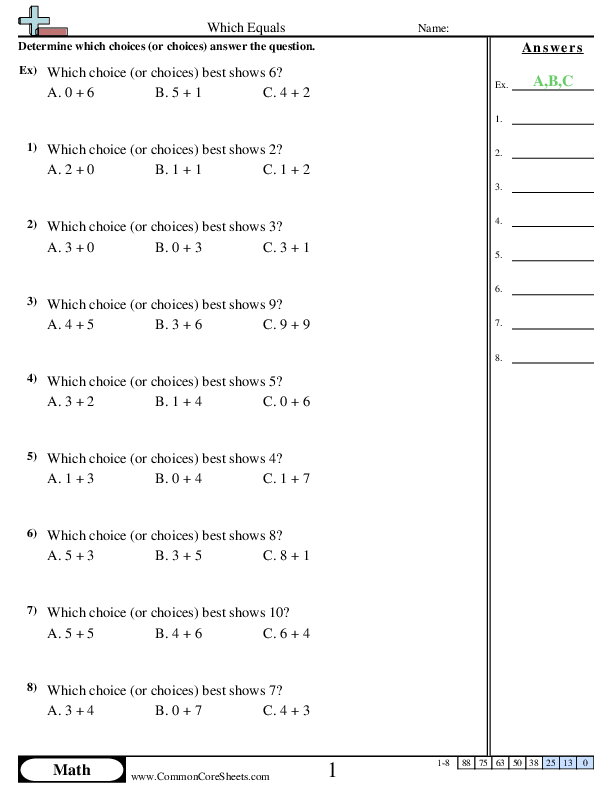 Addition Worksheets - Which Equals worksheet